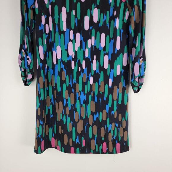 Tibi Abstract Printed Mini Dress Roll Tab Sleeves Crew Neck Black Size S - Picture 3 of 6